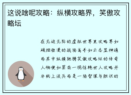 这说啥呢攻略：纵横攻略界，笑傲攻略坛